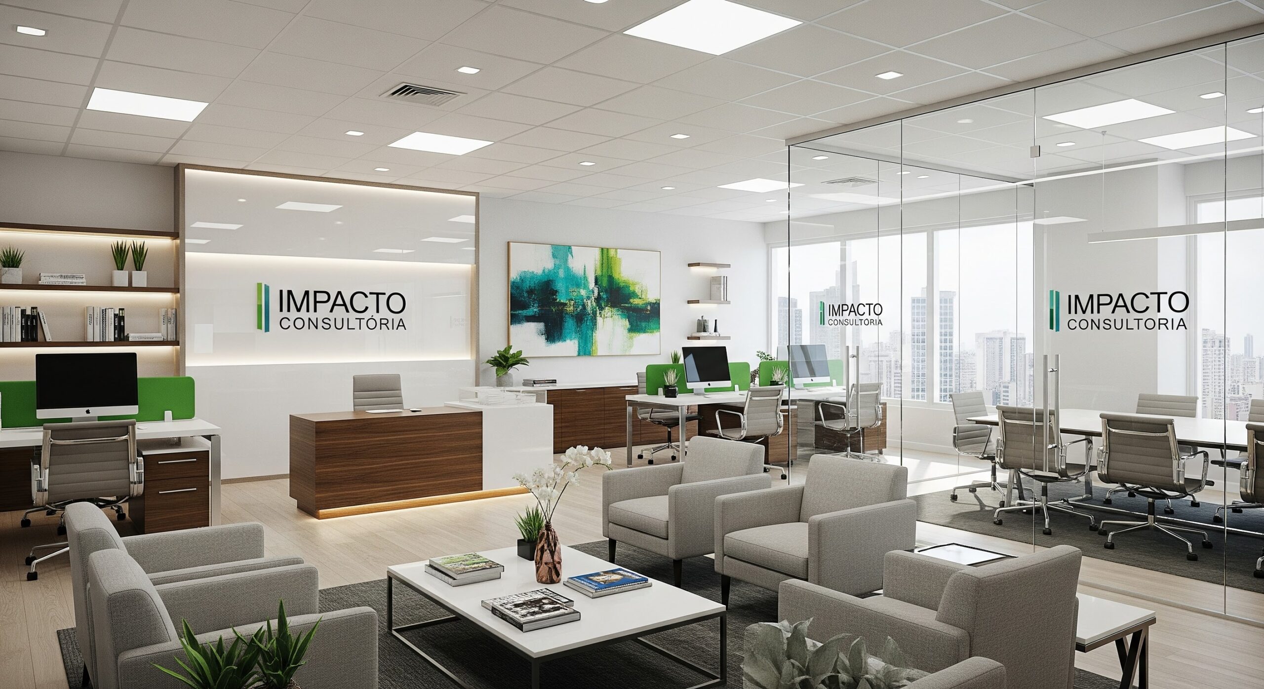Imagem de um ambiente de escritório moderno e bem iluminado, com layout contemporâneo, móveis confortáveis e a logo 'Impacto Consultoria' nas paredes, ideal para negócios e reuniões.