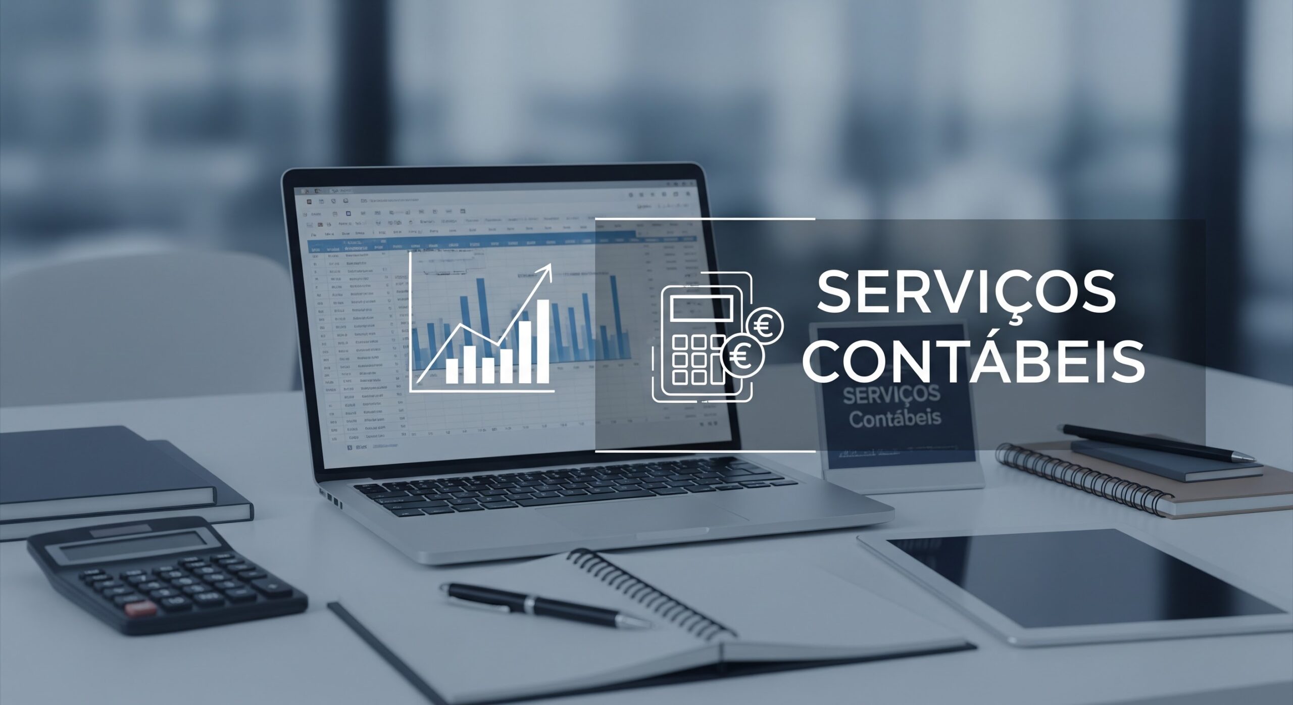 Imagem de uma mesa de escritório com laptop exibindo gráficos financeiros, calculadora, bloco de notas, tablet e celular, com foco em serviços contábeis.