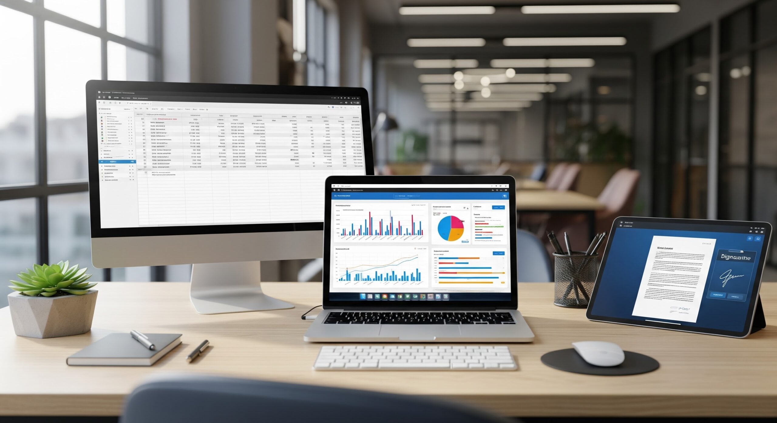 Configuração de escritório moderno com computador desktop, laptop com gráficos de análise de dados e tablet exibindo documentos, ideal para trabalho remoto ou negócios.