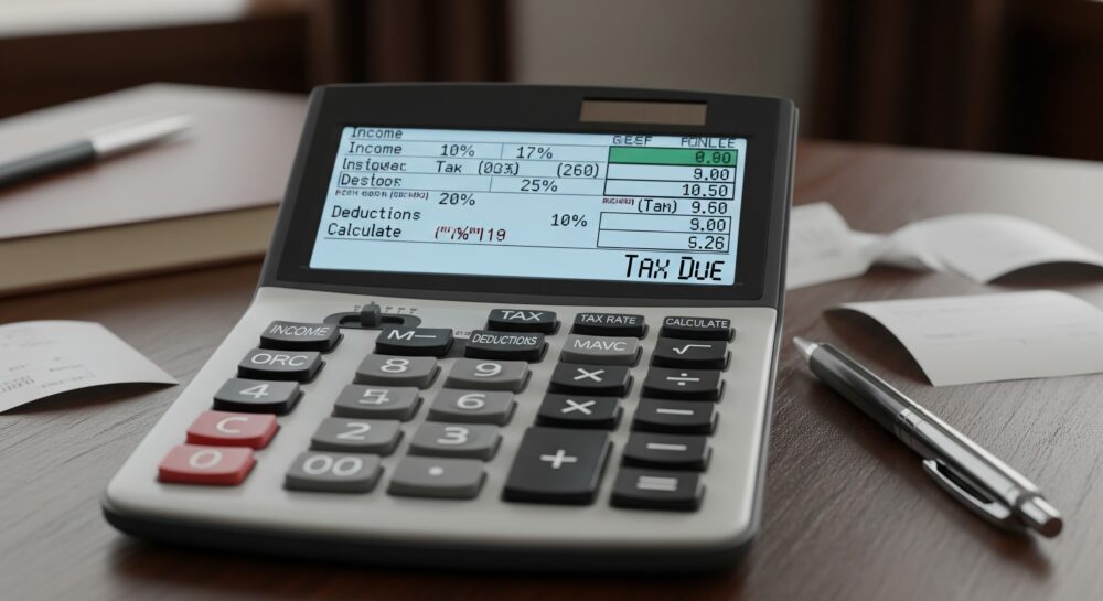 Imagem de uma calculadora financeira portátil exibindo cálculos de impostos e deduções, ao lado de uma caneta sobre uma mesa de madeira.